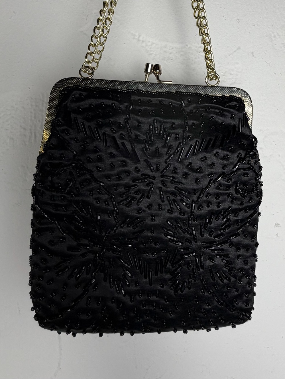 Beautiful Vintage Style Black Beaded Evening Handbag with Chain Strap -